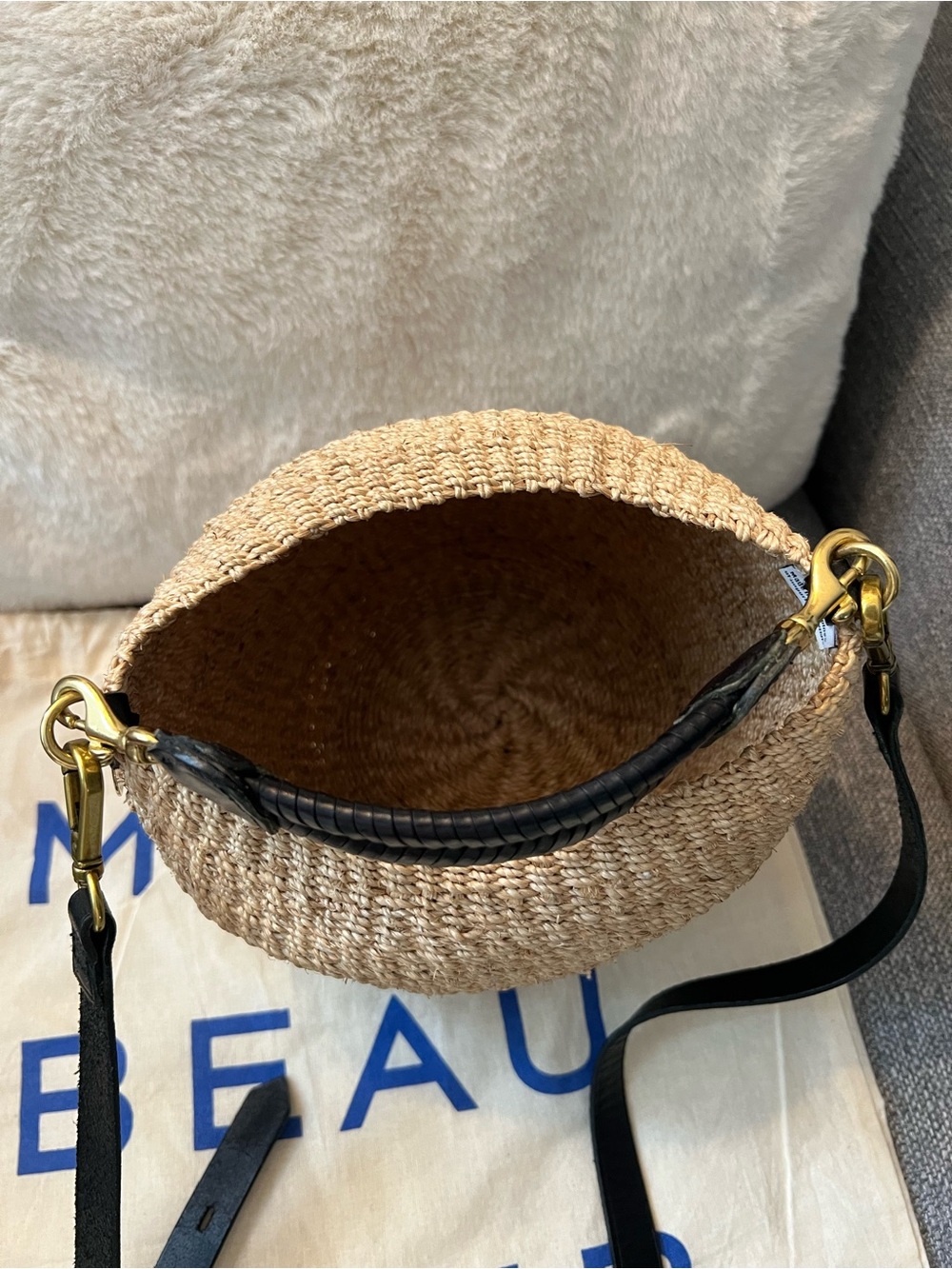 Clare V Pot de Miel Woven Bucket Bag with Black Leather Fishtail handle. - Picture 6 of 6